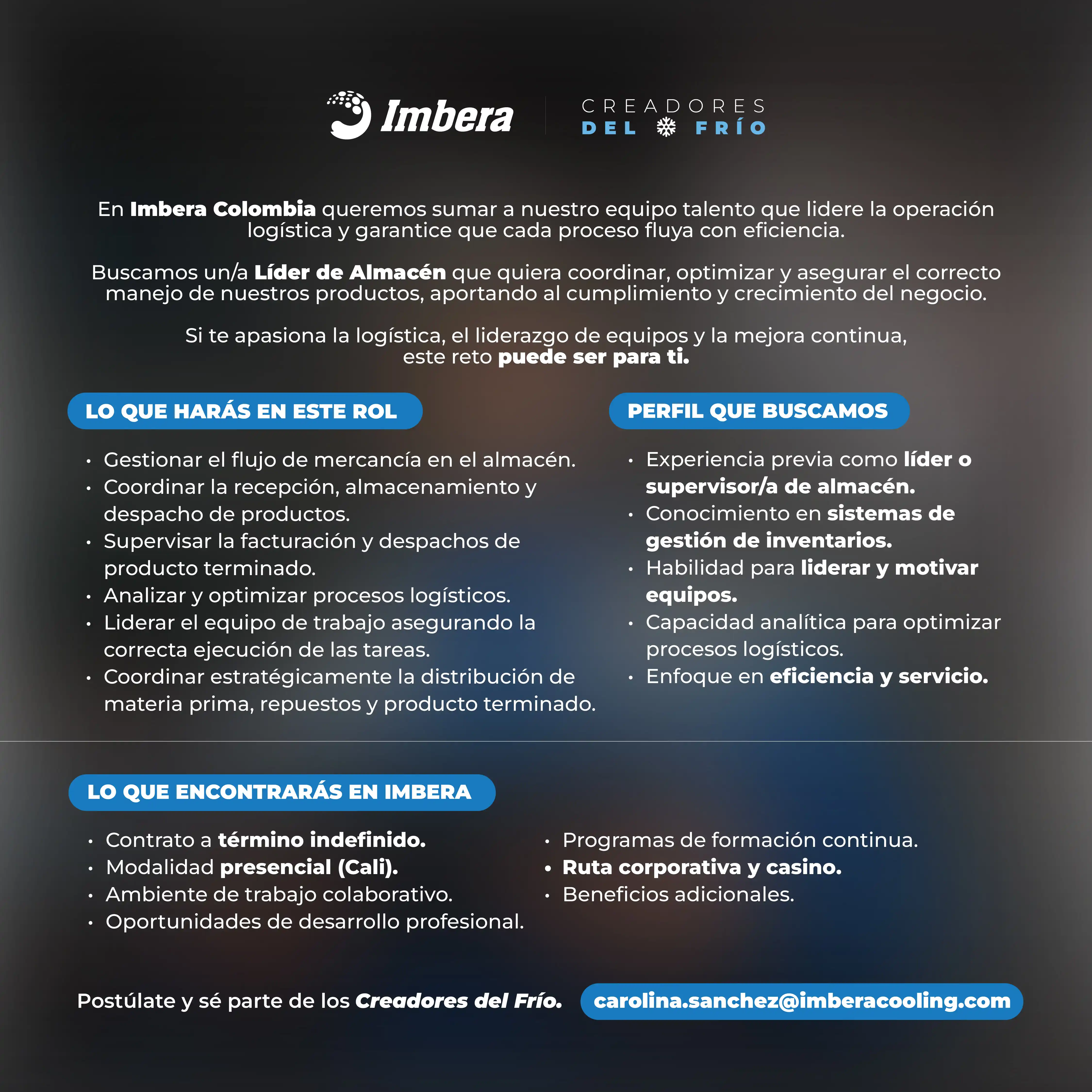 Oferta laboral LIDER DE ALMACEN Imbera Colombia